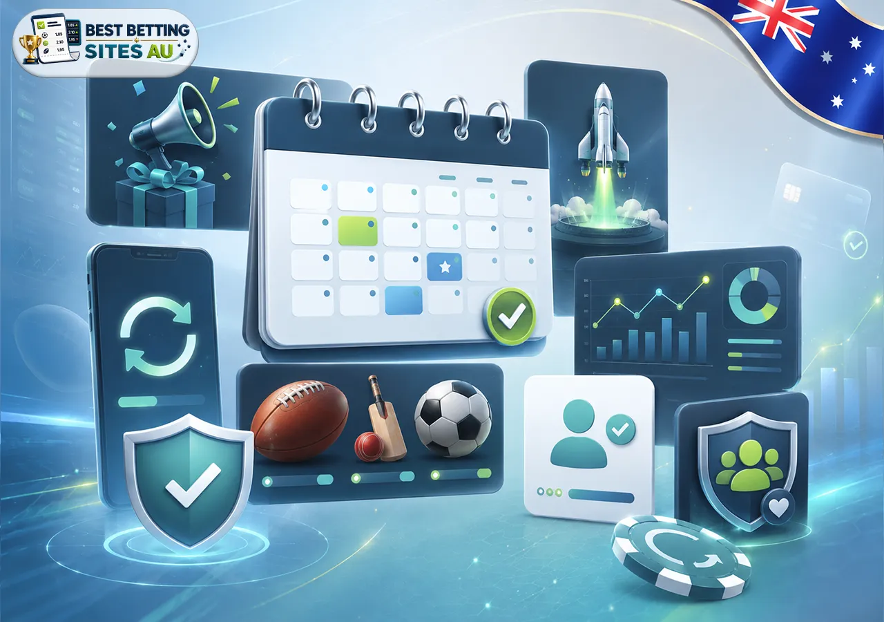 Number one betting site pick in Australia with podium, trophy, sportsbook panels, racing, cricket, and AFL visuals.